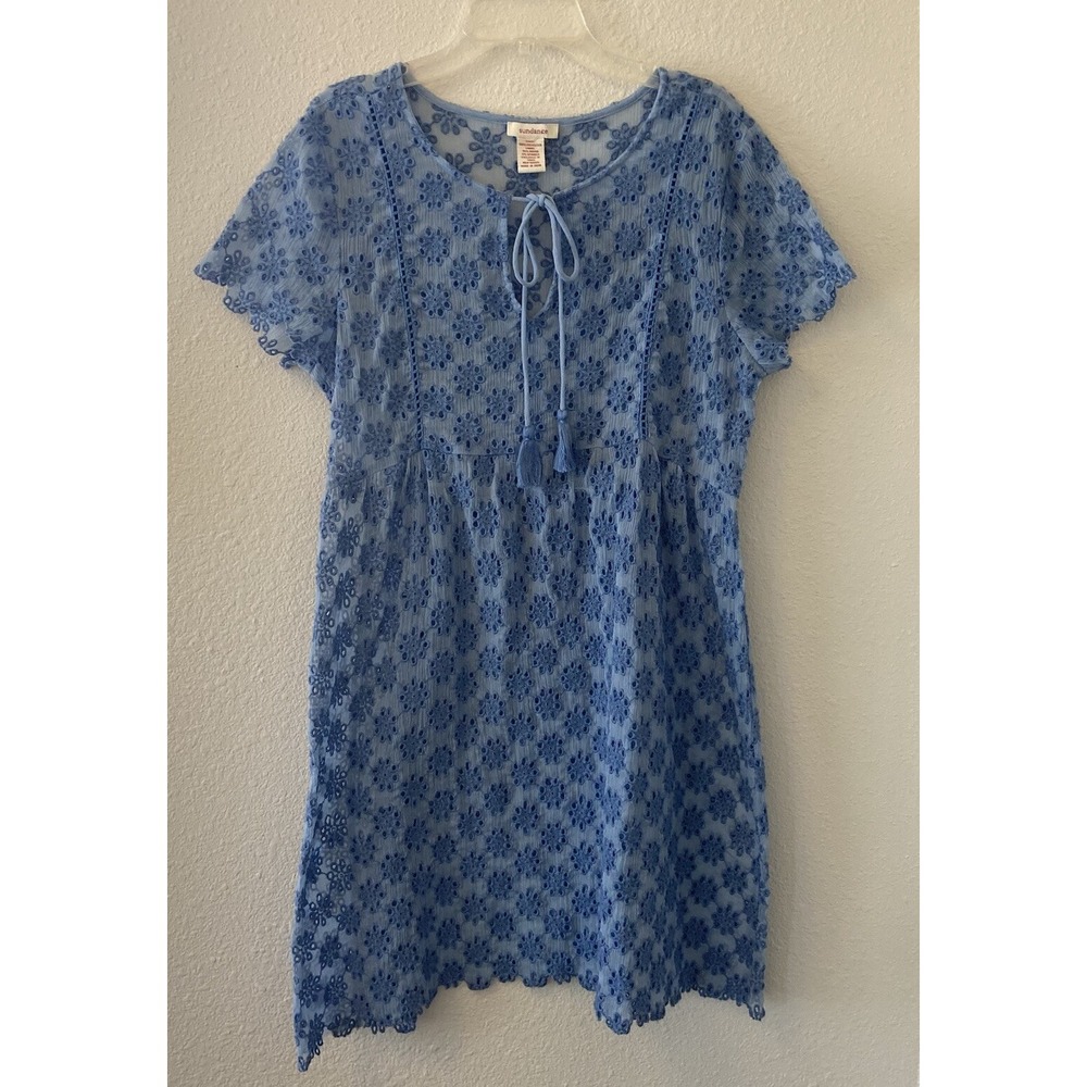 Sundance Women's Dress Blue Embroidered Eyelet Sheer Boho Tie Neck Size S/M
